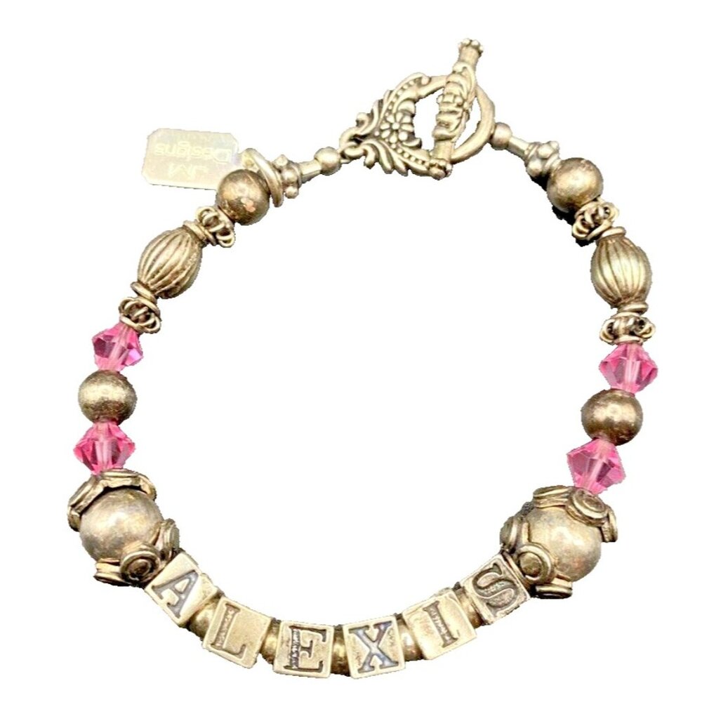 Sterling Silver "Alexis" Bracelet Beaded Charm Pink Crystal Toggle 7" JM Designs